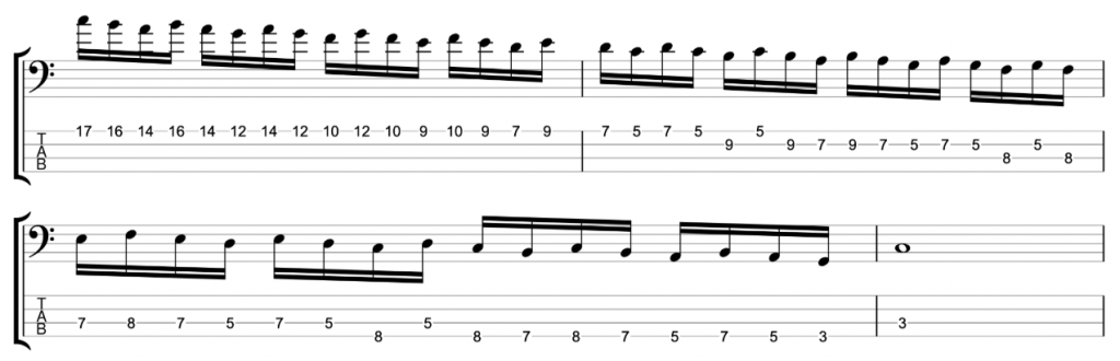 Timing Exercise - 16ths in three note groupings - C major/A natural minor scale descending